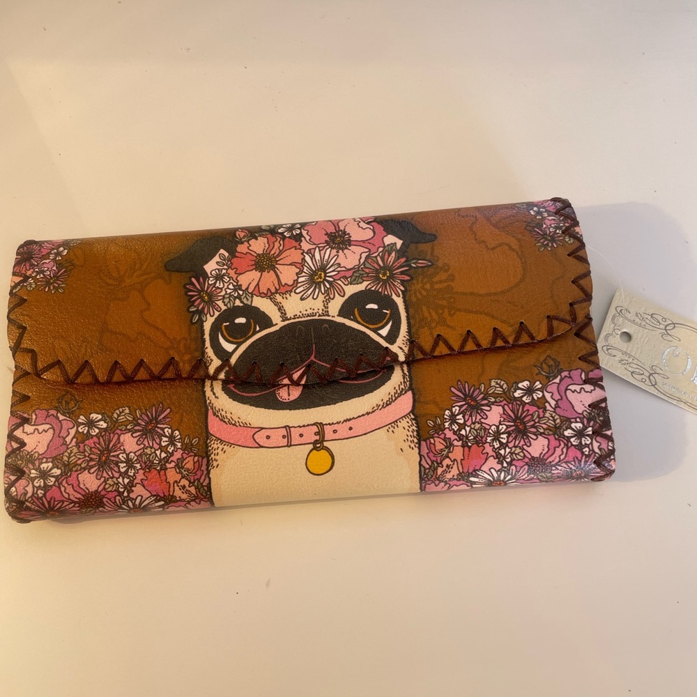 Faux leather French bulldog wallet with multiple card inserts zipper for change
